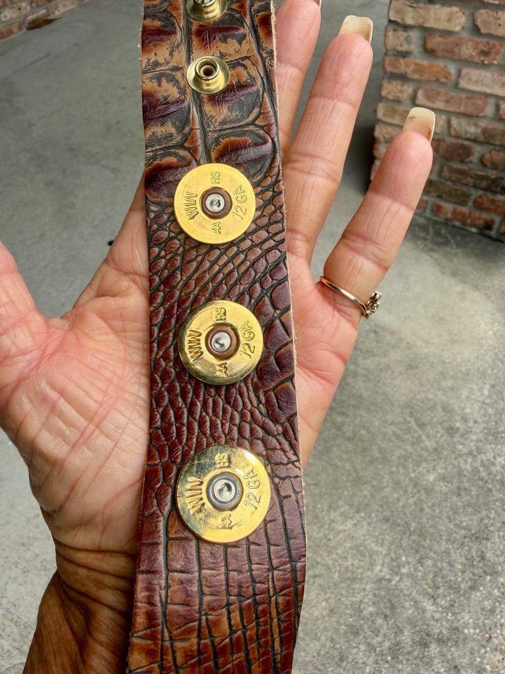 Handcrafted Brn. Croc Leather Bracelet w/Brass Gun Shell Accents